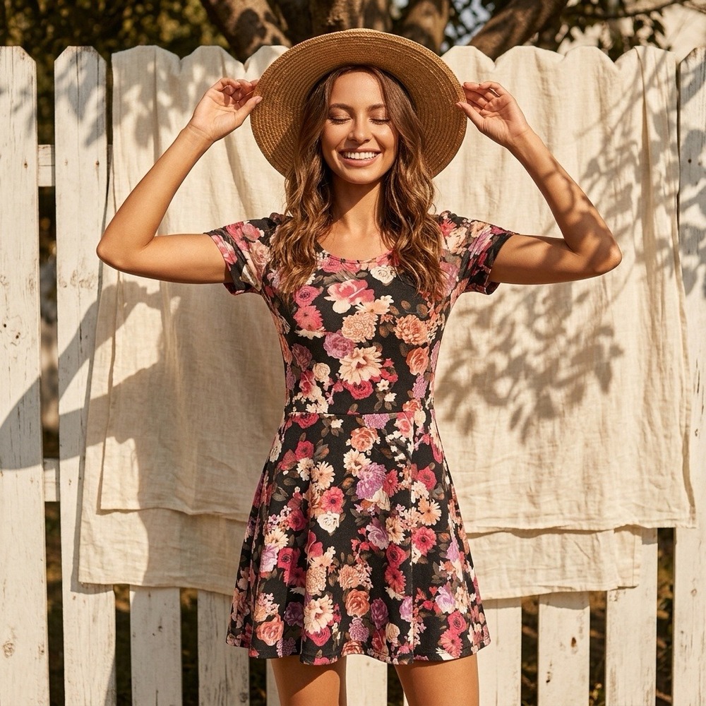 Forever 21 Floral Skater‎ Dress Black Pink Purple Open Back Short Sleeve Medium